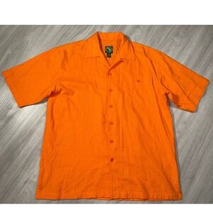 UZI NYC Mezcal Mens XL Orange Linen Blend Short Sleeve Camp Collar Button